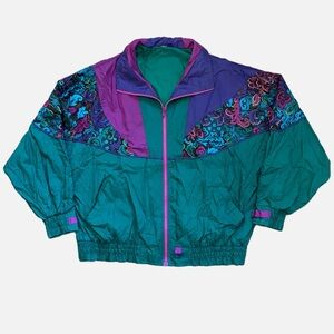 Vintage 80s Abstract Art Flower Bomber Jacket Colorblock Hip Hop Vaporwave